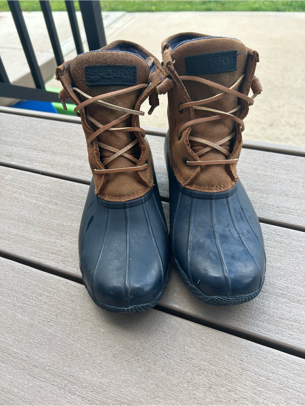 Sperry Brown Leather and Navy Rubber Duck Boots
